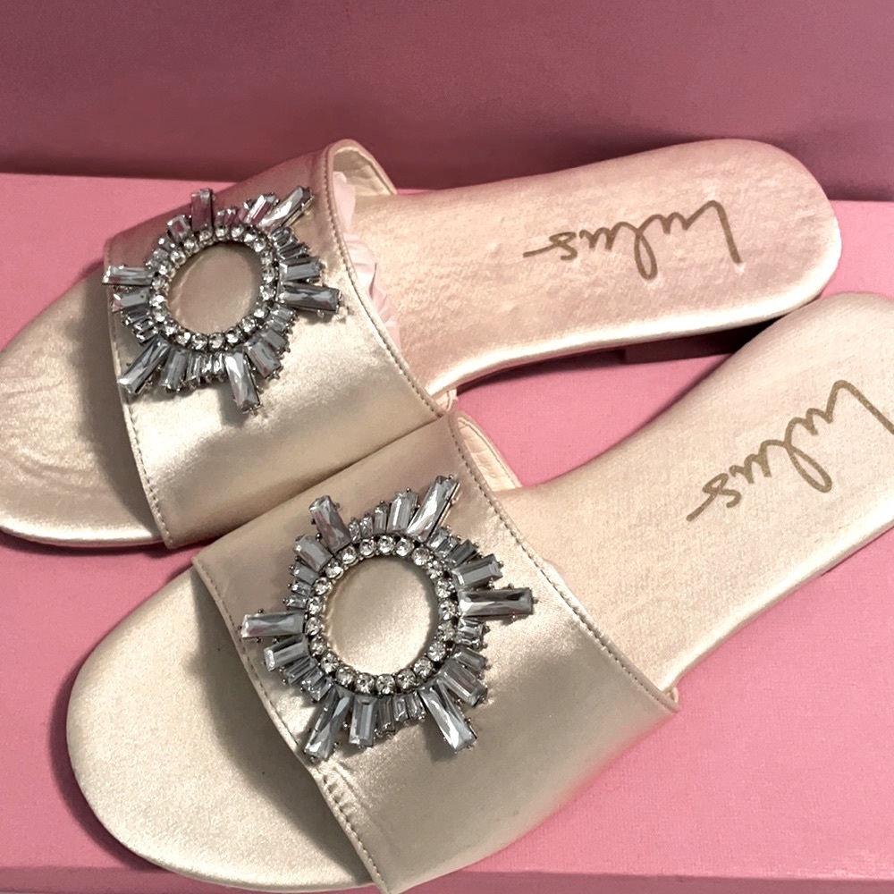 Lulus cream satin slides with studded appliqué
